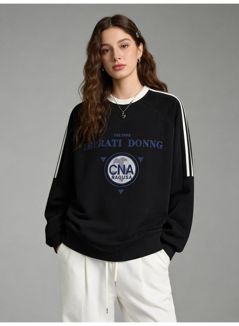 Black "IMPRATI DONNG" Vintage Logo Oversized Crew Neck Sweatshirt | Striped Sleeve Pullover With "CNA RAGUSA" Print - Image 2